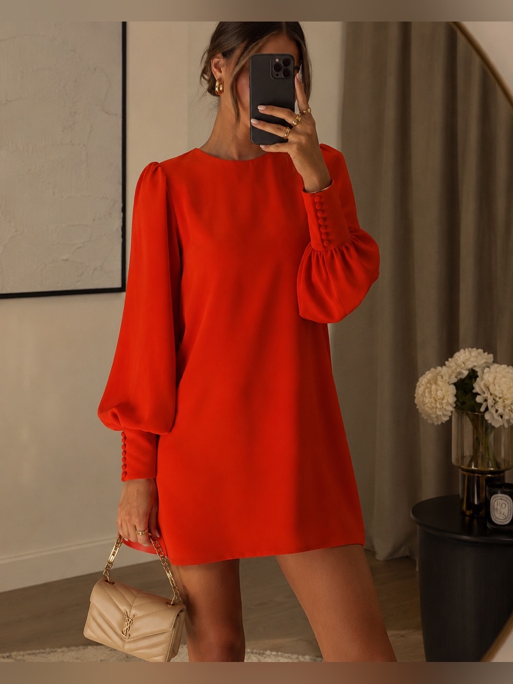 Kate Lilly Elegant Cocktail Mini Dress Statement Sleeve Orange Red Size M